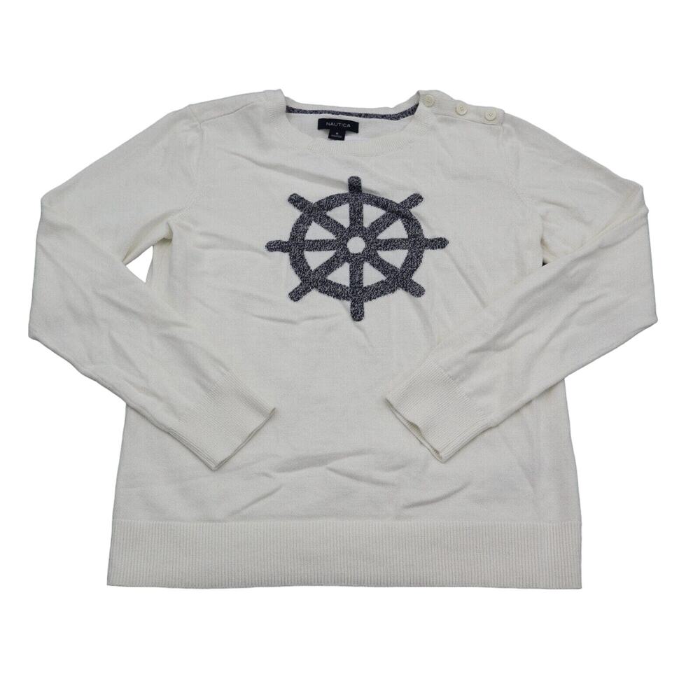 Nautica Sweaters Womens S White Knit Ships Wheel Long Sleeve Crew Neck Pullover